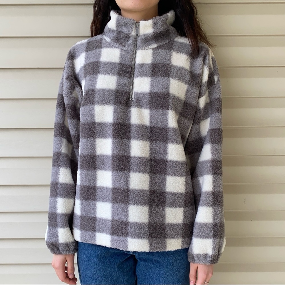 Checked fuzzy quarter zip sweatshirt